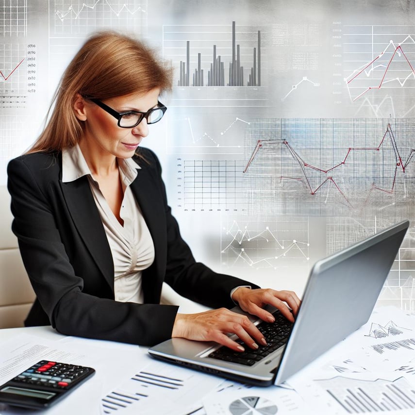 An image of a finance professional working on a laptop, surrounded by graphs, charts, and financial documents